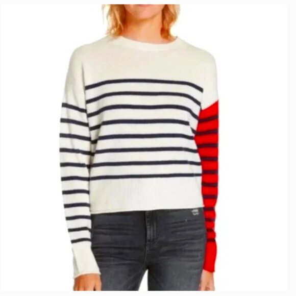 Nordstrom Signature Cashmere Cream and Blue Striped Sweater - Size L - Picture 1 of 7